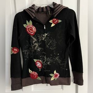 Anthropologie One Girl Who Embroidered Floral Cardigan Zip Sweater S Y2K 90’s